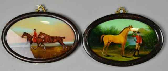 Appraisal: TH C EQUESTRIAN PAINTINGS UNDER GLASSTwo charming th century oval