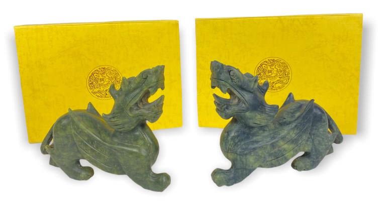 Appraisal: Chinese Jade Carved Dragons In Boxes Tallx Long Good condition