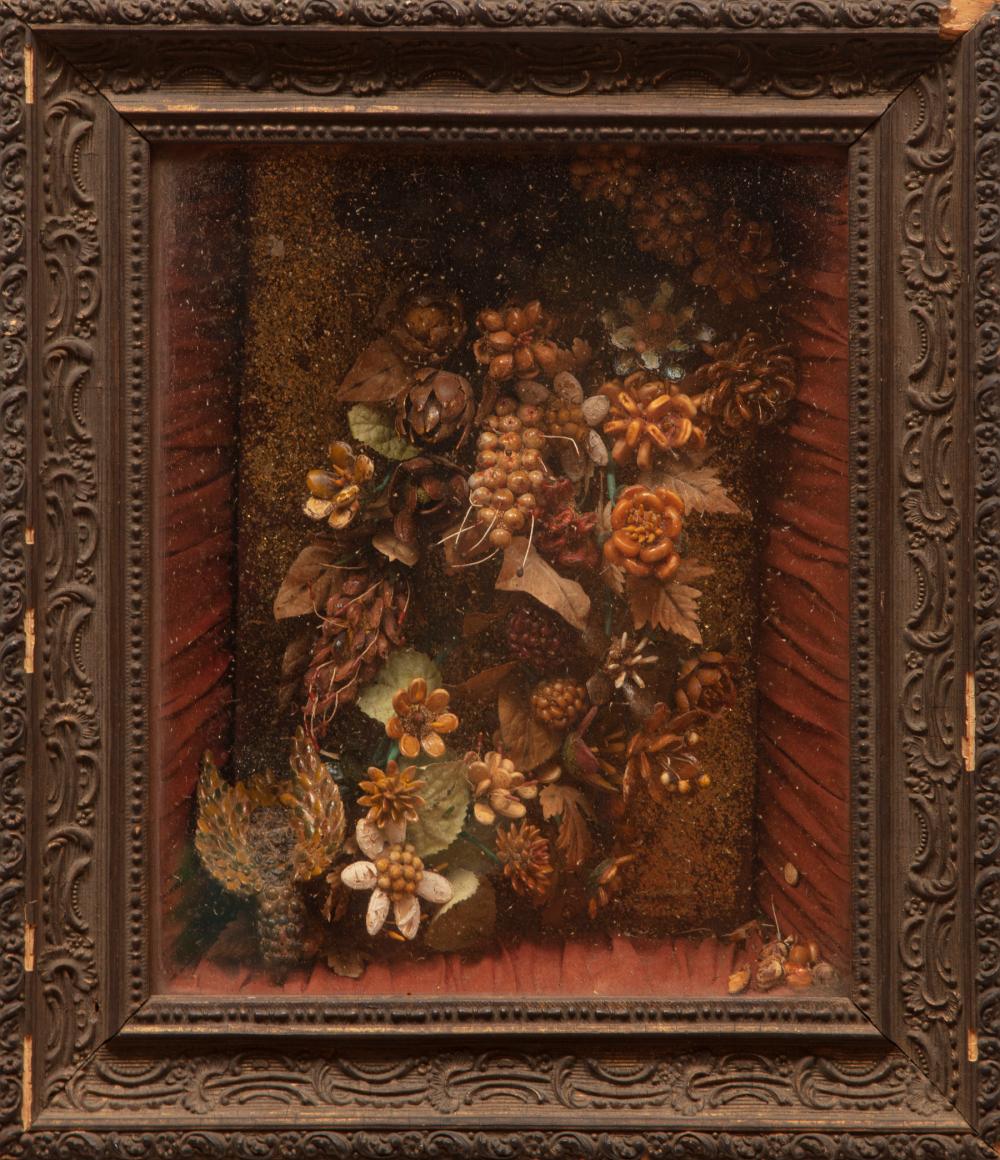 Appraisal: Late Victorian Shadowbox with Fish Scale Flower Arrangement applied polychrome