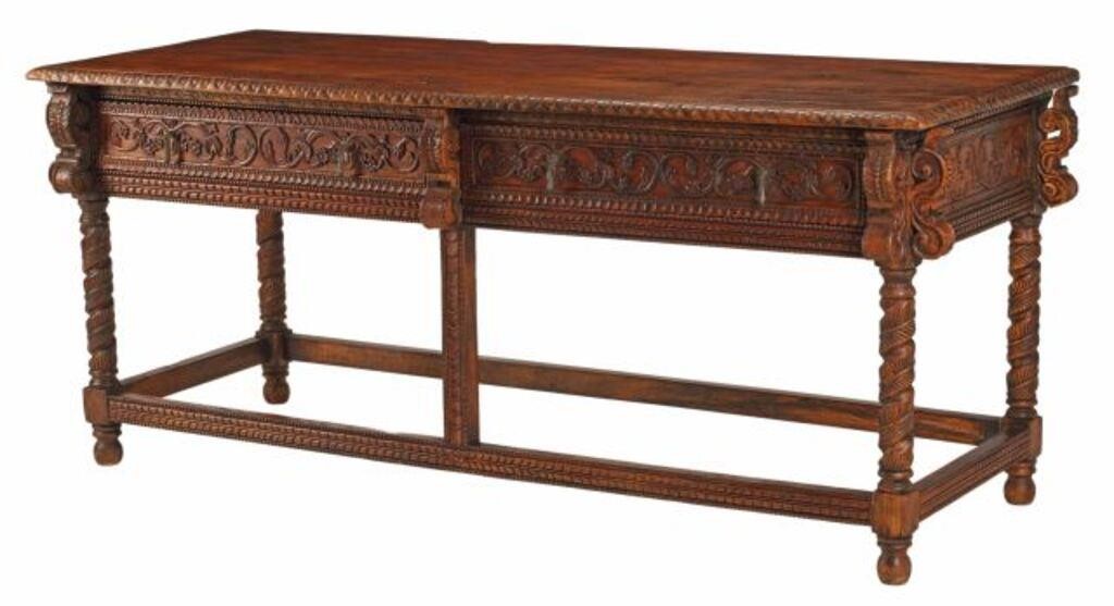 Appraisal: Baroque style carved table with two drawers approx h l