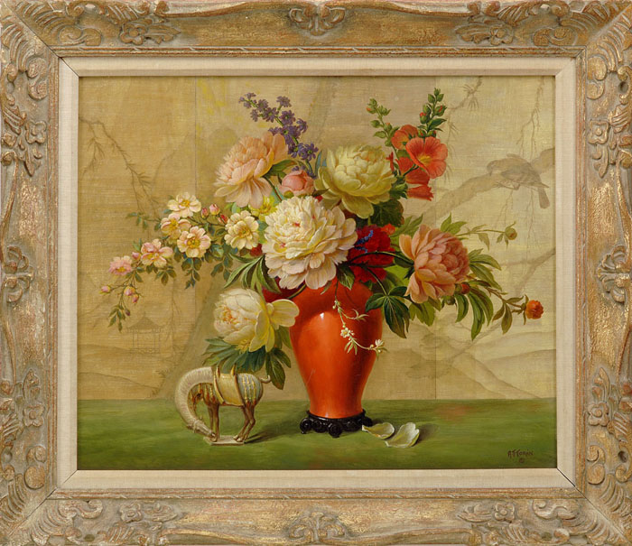 Appraisal: ALPHONSE T TORAN AMERICAN - ORIENTALIST STILL-LIFE WITH PEONIES AND