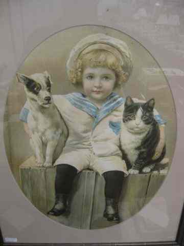 Appraisal: Victorian Lithograph of Child with Dog Cat oval image ''