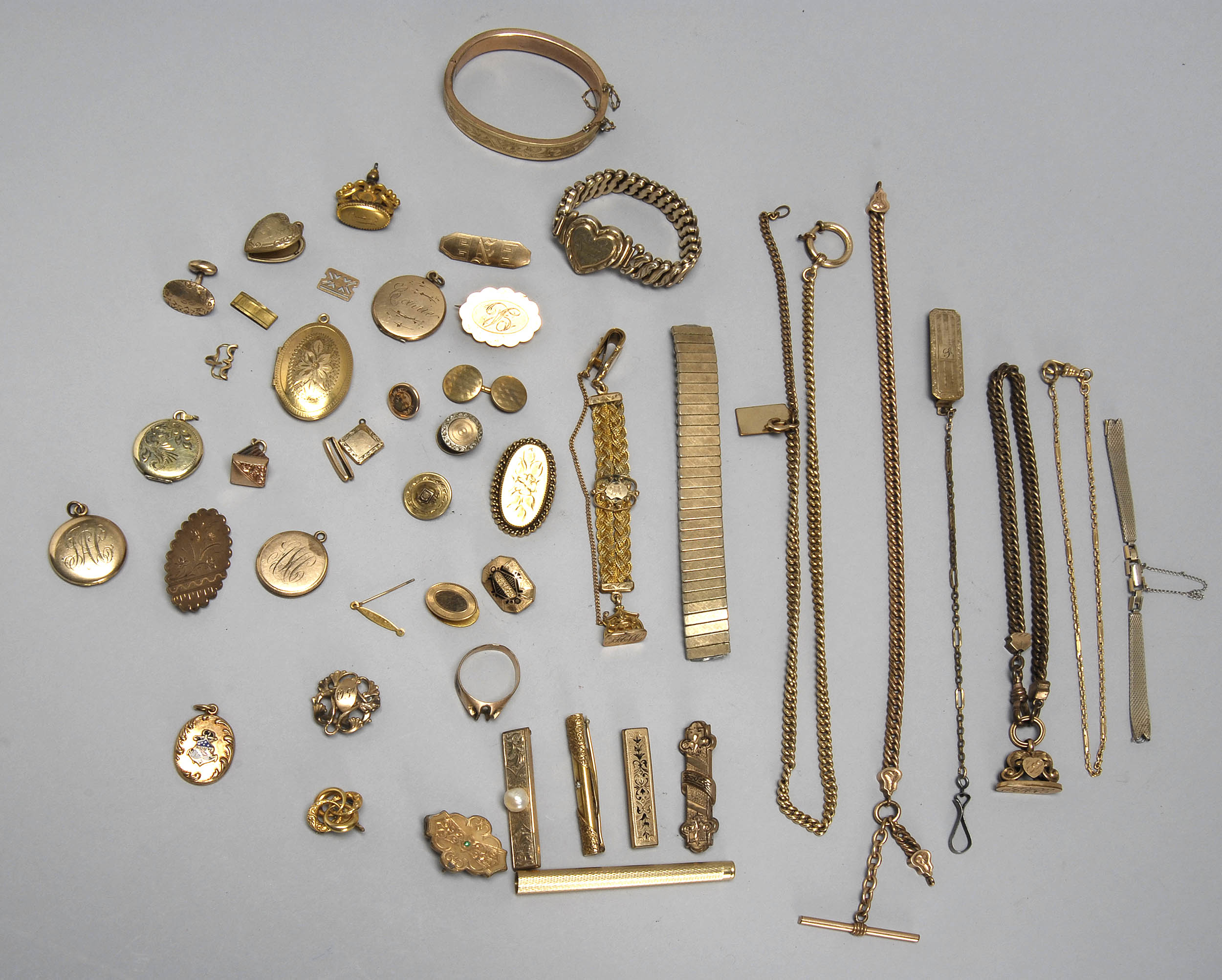 Appraisal: ODD LOT OF ASSORTED GOLD-PLATED JEWELRY Includes watch fobs pins