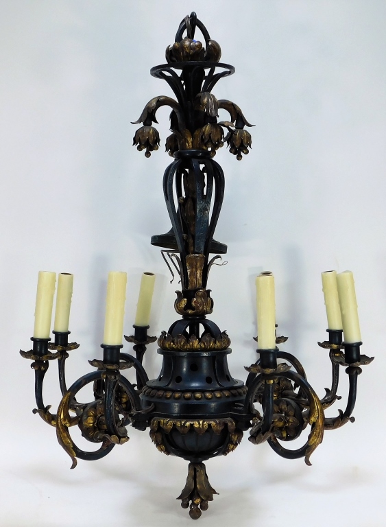 Appraisal: FRENCH STYLE EIGHT LIGHT WROUGHT IRON CHANDELIER United States Early