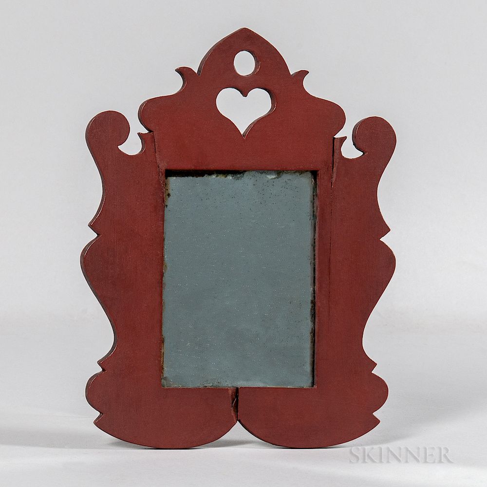 Appraisal: Red-painted Cherry Miniature Scroll-frame Mirror Red-painted Cherry Miniature Scroll-frame Mirror