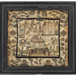 Appraisal: An English Silkwork Embroidered Shepherdess Picture th Century within a