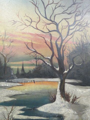 Appraisal: th Century Oil winter landscape at sunset with stream on