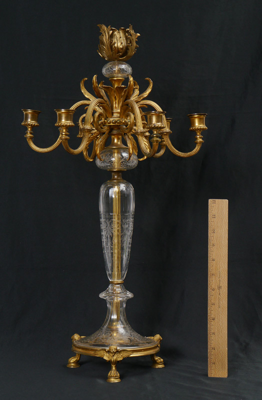 Appraisal: BACCARAT QUALITY LIGHT BRONZE DORE CANDELABRUM Floral form central bobeche