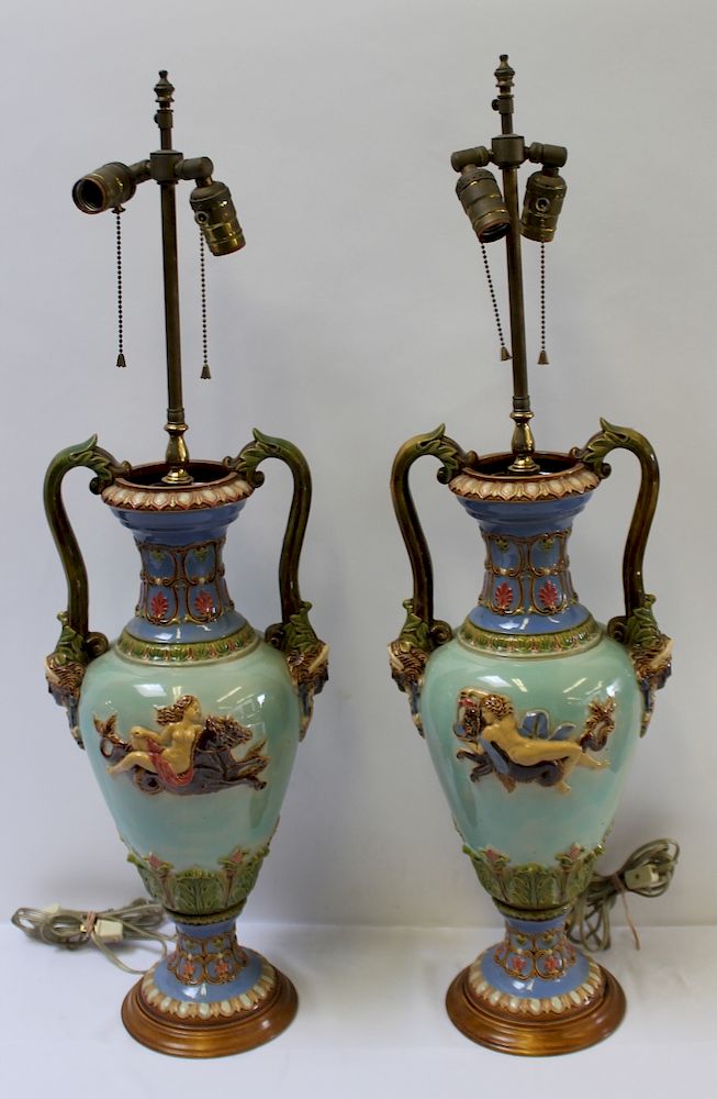 Appraisal: Large Pair of Majolica Urns as Lamps From a Larchmont