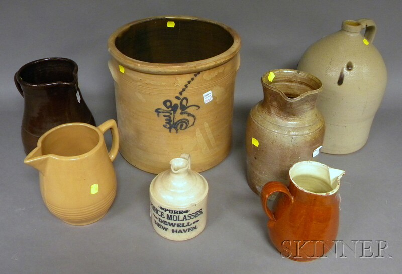 Appraisal: Seven Pieces Decorated Stoneware and Pottery a five-gallon crock with