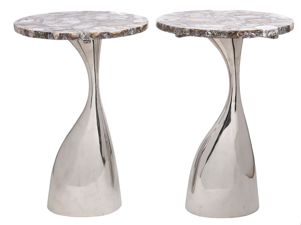 Appraisal: Pr Philippe Hiquily Style Stone Chrome Tables Pair of side