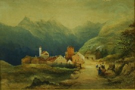 Appraisal: K A Cripp Mountain Village together with Country Church watercolour