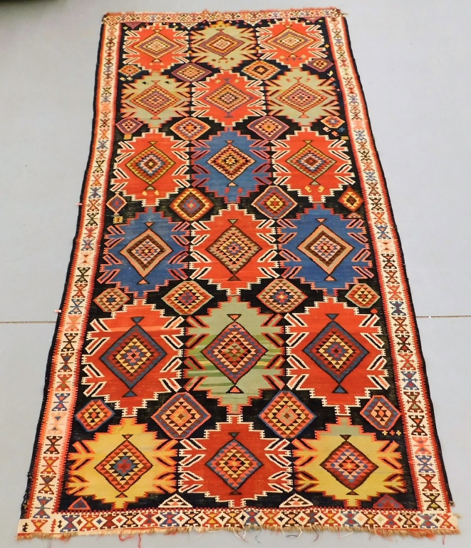 Appraisal: ANTIQUE SHIRVAM KILIM GEOMETRIC FLAT WEAVE RUG Caucasus th CenturyRed