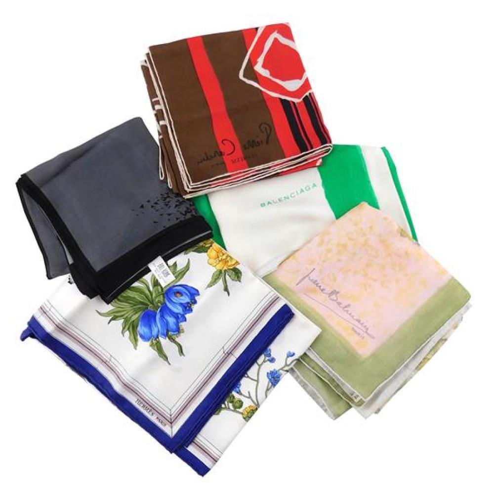 Appraisal: SCARVES Five designer silk scarves including Hermes Balenciaga Balmain Bill