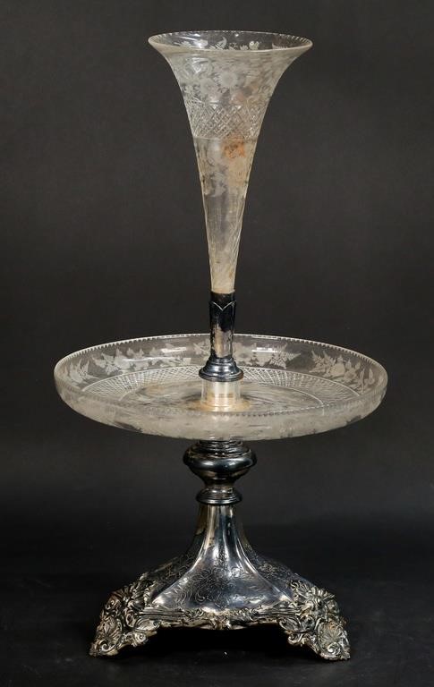 Appraisal: Walker Hall Sheffield English silverplate and etched glass epergne H