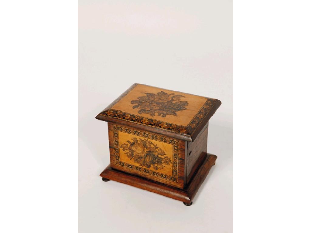 Appraisal: A VICTORIAN TUNBRIDGEWARE MINIATURE CHEST OF DRAWERS the rectangular top