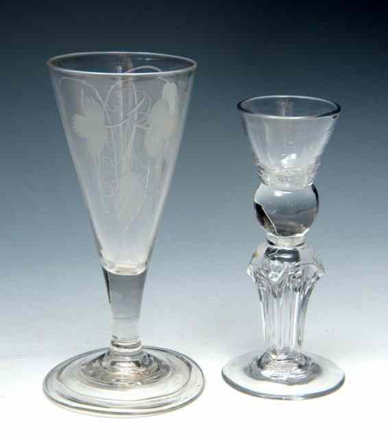 Appraisal: A SHORT ALE GLASS trumpet bowl engraved with hops and