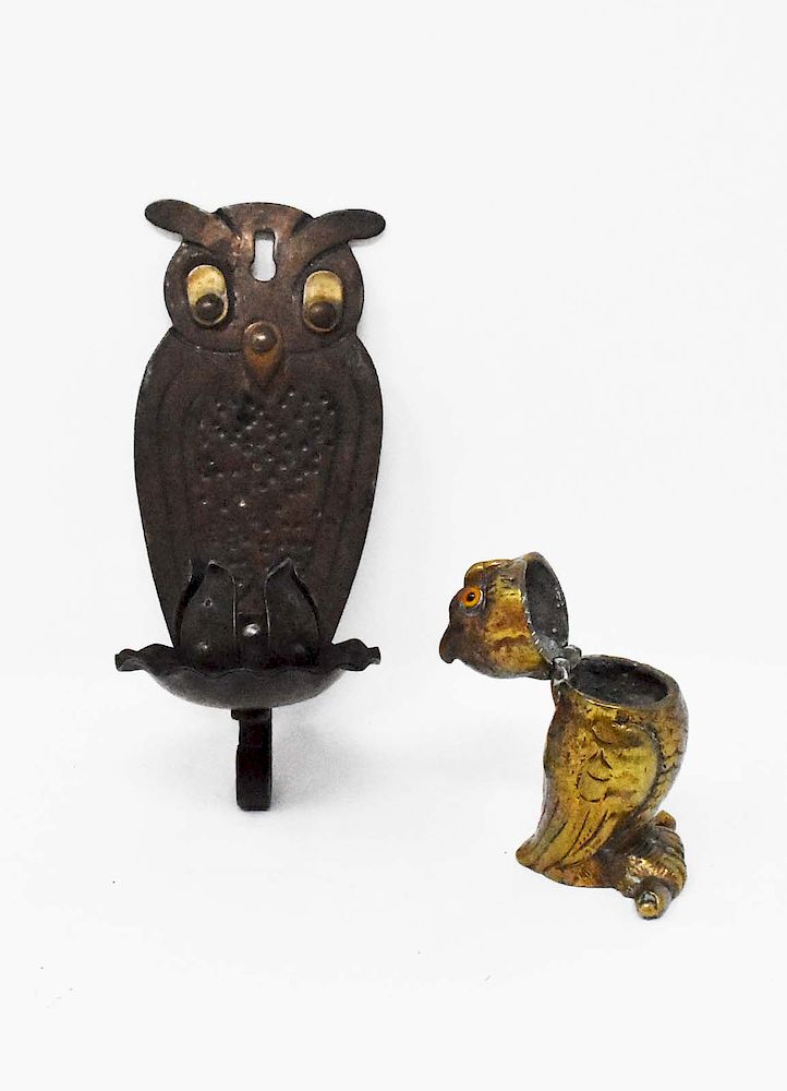 Appraisal: brass owl pieces pieces brass owl hanging candle holder H