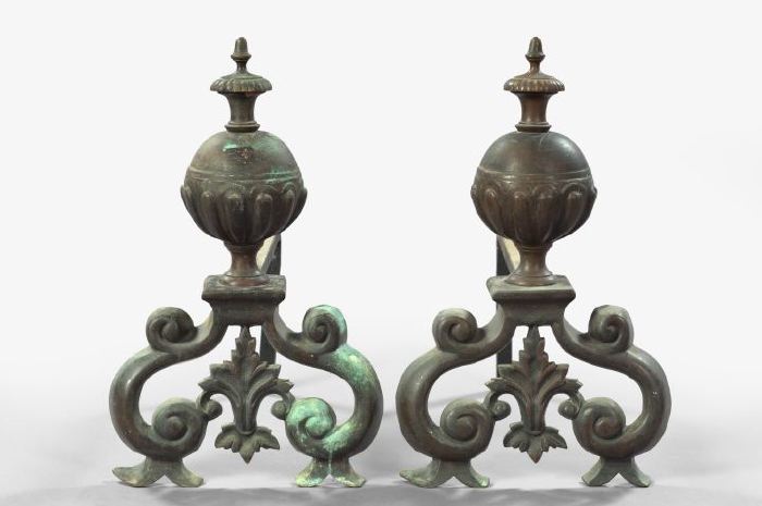 Appraisal: Pair of English Verdigris-Patinated Brass and Cast-Iron Andirons first quarter