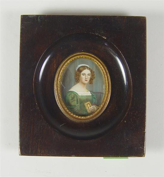 Appraisal: Hand Painted Miniature Watercolor Oval bust of a lady holding