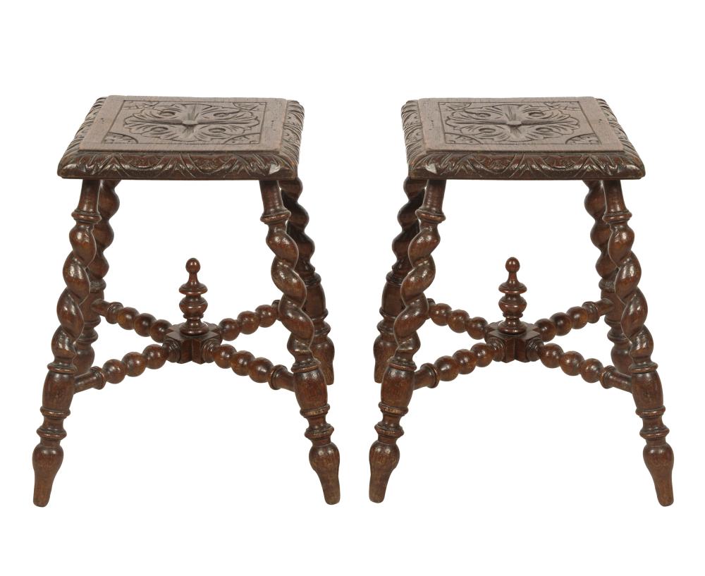 Appraisal: PAIR OF FRENCH CARVED OAK STOOLSeach with square top on