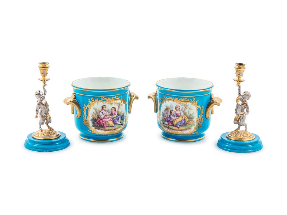 Appraisal: Two Pairs of Sevres Style Celeste Blue-Ground Porcelain Table Articles