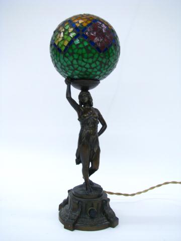 Appraisal: Figural Cast Metal Bronzed Lamp with Glass Mosaic Shade lamp