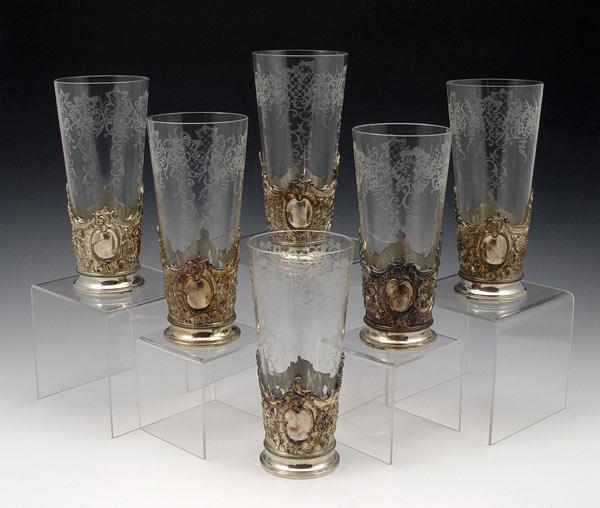 Appraisal: WMF SLIVERPLATE AND ETCHED GLASS TUMBLERS Grapevine and trellis design