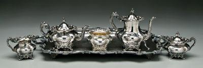 Appraisal: Five piece sterling tea service round lobed form scroll border