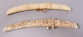 Appraisal: Asian Carved Knives Scabbards Both with carv Asian Carved Knives