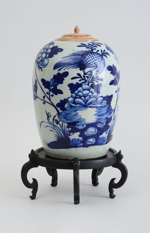 Appraisal: MODERN CHINESE BLUE AND WHITE PORCELAIN OVOID JAR WITH WOOD