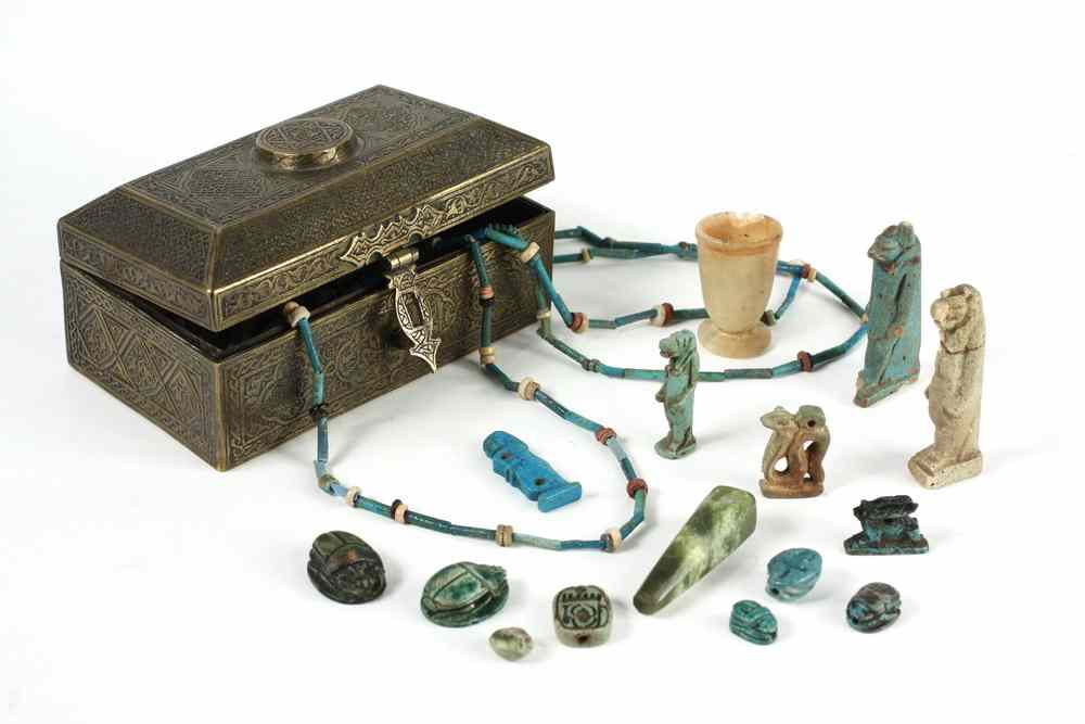 Appraisal: PCS EGYPTIAN FAIENCE ETC IN ENGRAVED TURKISH BRASS BOX -