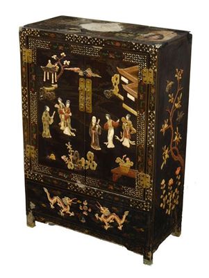 Appraisal: A Chinese black lacquer cabinet inlaid soapstone and bone figures