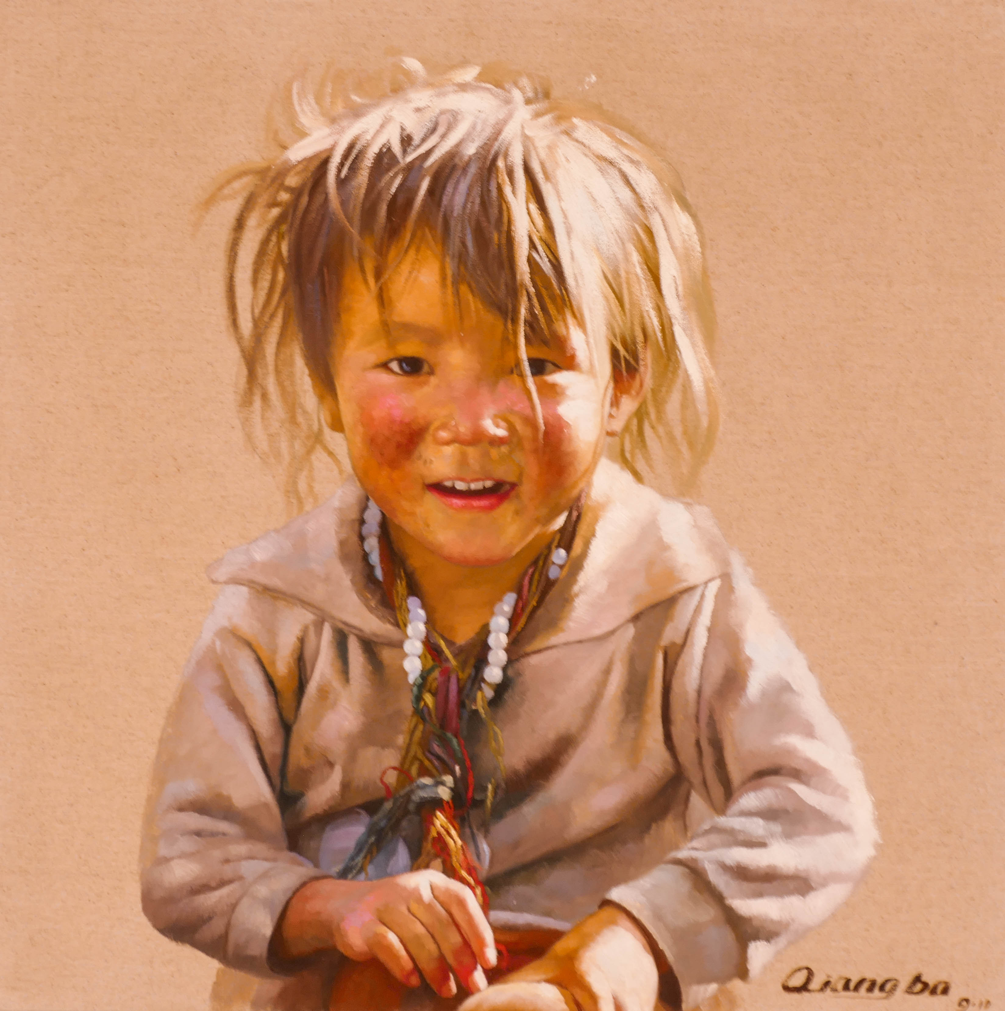 Appraisal: Qiangba b Tibetan ''Child'' Oil on Canvas ''x '' Signed