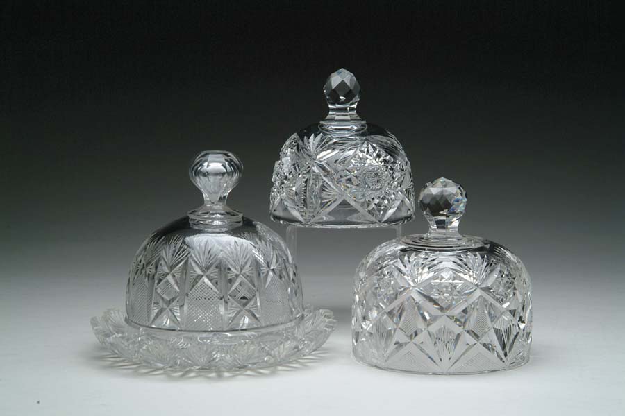 Appraisal: THREE CUT GLASS ITEMS Cheese dish cut in crosshatch prism