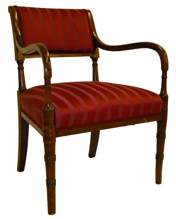 Appraisal: th century mahogany framed armchair the square purple striped damask