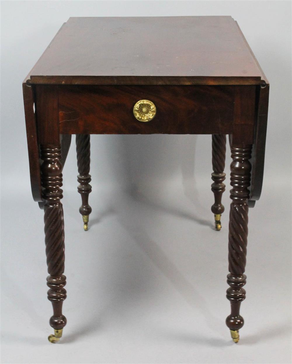 Appraisal: LATE FEDERAL CARVED MAHOGANY PEMBROKE TABLE having a nicely figured