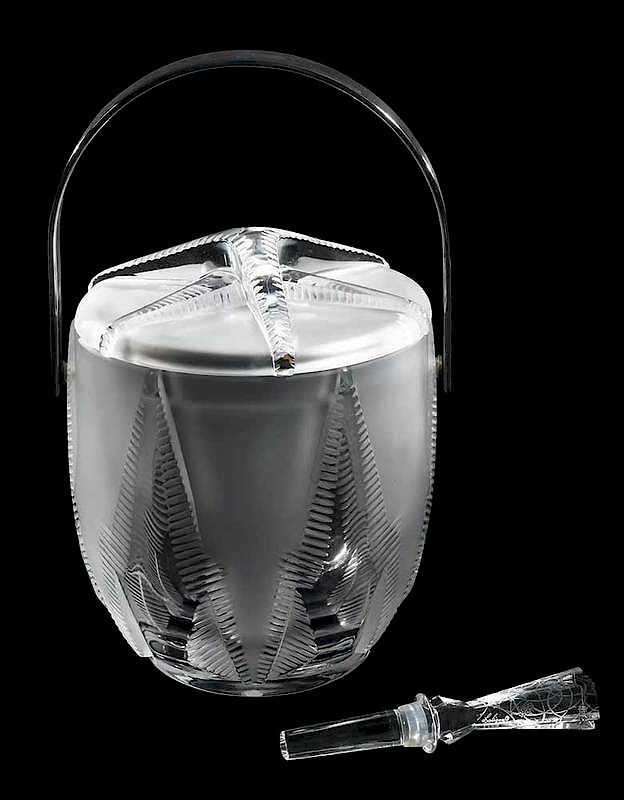 Appraisal: Lalique Glass Ice Bucket with Wine Stopper bucket with chrome