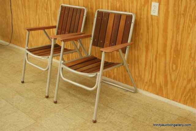 Appraisal: Pair of Aluminum Wood Slat Folding Lawn ChairsGreat for the