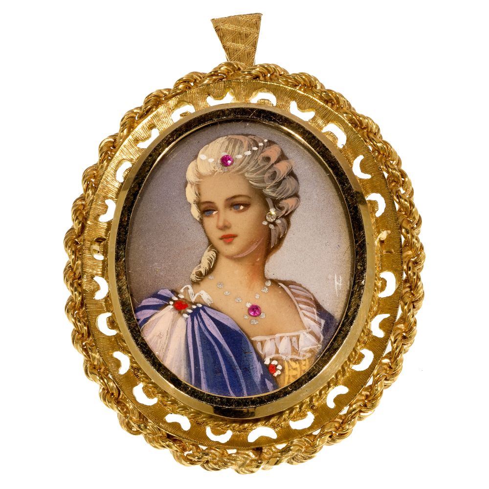 Appraisal: K AND K YELLOW GOLD HAND PAINTED PENDANT BROOCHOval having