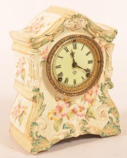 Appraisal: Ansonia floral painted porcelain mantle clock with - day movement