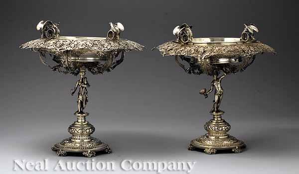 Appraisal: A Pair of Ornate Continental Silver Figural Tazzas hallmarked circular