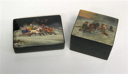 Appraisal: Two Russian lacquer boxes th century Each decorated with a