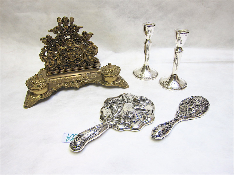 Appraisal: ASSORTED STERLING SILVER AND BRASS ITEMS pair sterling silver candlesticks