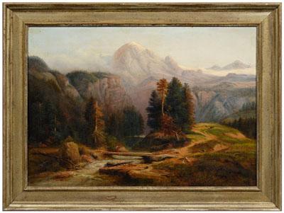 Appraisal: Hudson River School painting wilderness landscape with woman carrying wood