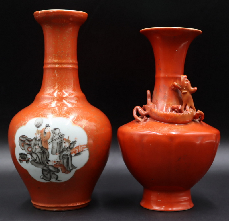 Appraisal: Chinese Coral Red Enamel Decorated Vases Includes a Chinese enamel