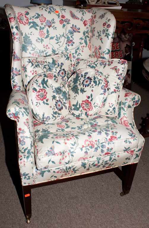 Appraisal: Biggs Federal style mahogany upholstered wing chair Estimate - Back