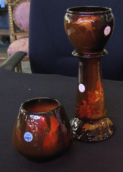 Appraisal: WELLER Etc Two brown-glazed pieces Weller Louwelsa tapered vase painted