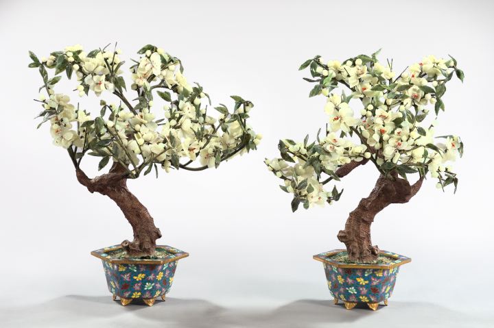 Appraisal: Large Pair of Kuang-Hsu White and Green Jade Flowering Trees