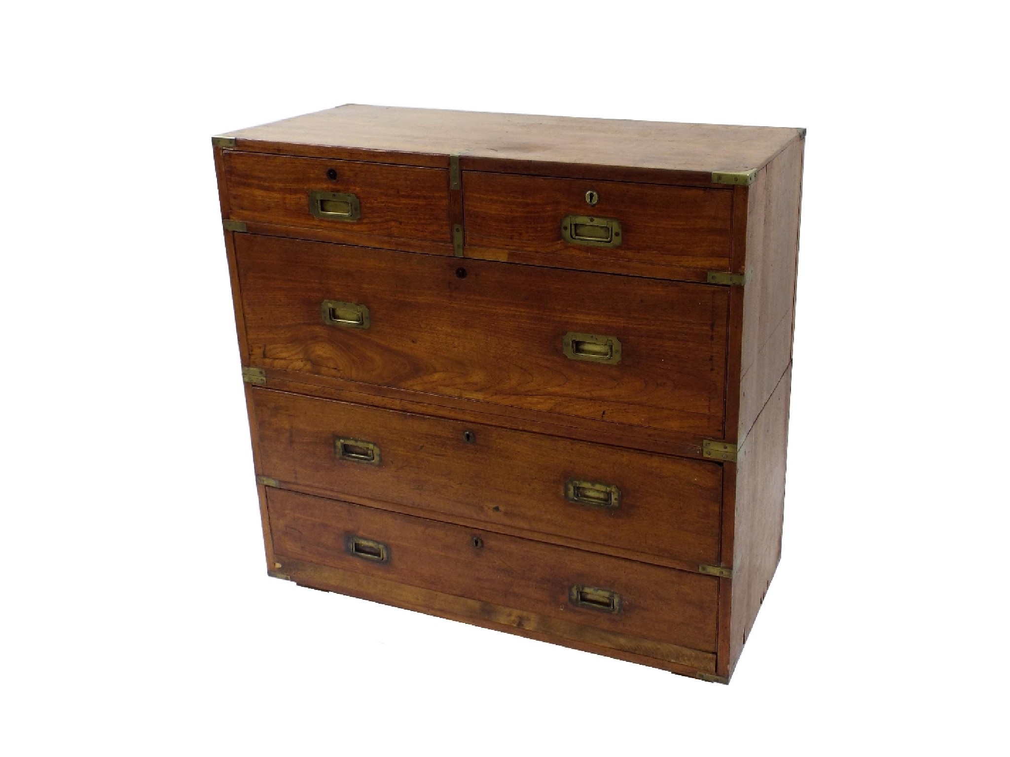 Appraisal: th century mahogany brass bound campaign chest in two sections